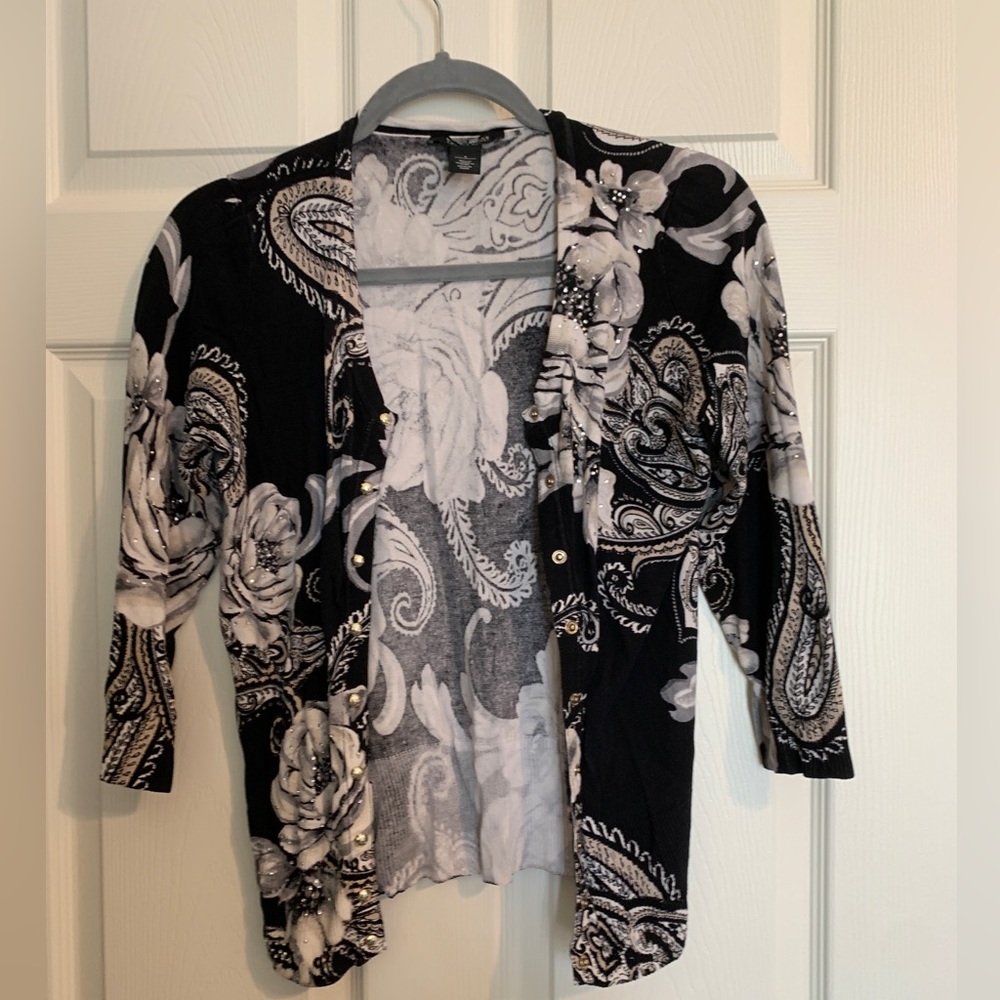 White House Black Market– Black Floral Cardigan with Jewels and Buttons – Size S